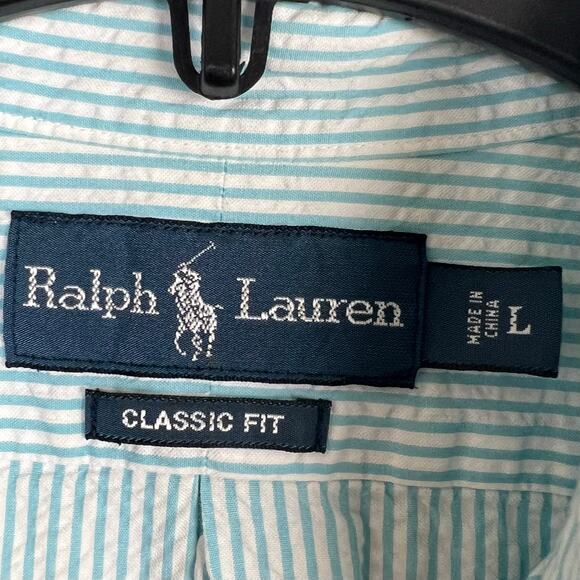 Ralph Lauren Seersucker Shirt men's Large classic fit, blue\ white stripe - Picture 5 of 5
